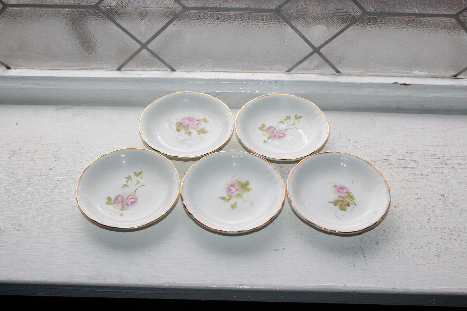 5 Antique Porcelain Butter Pats Pink Flower Decoration