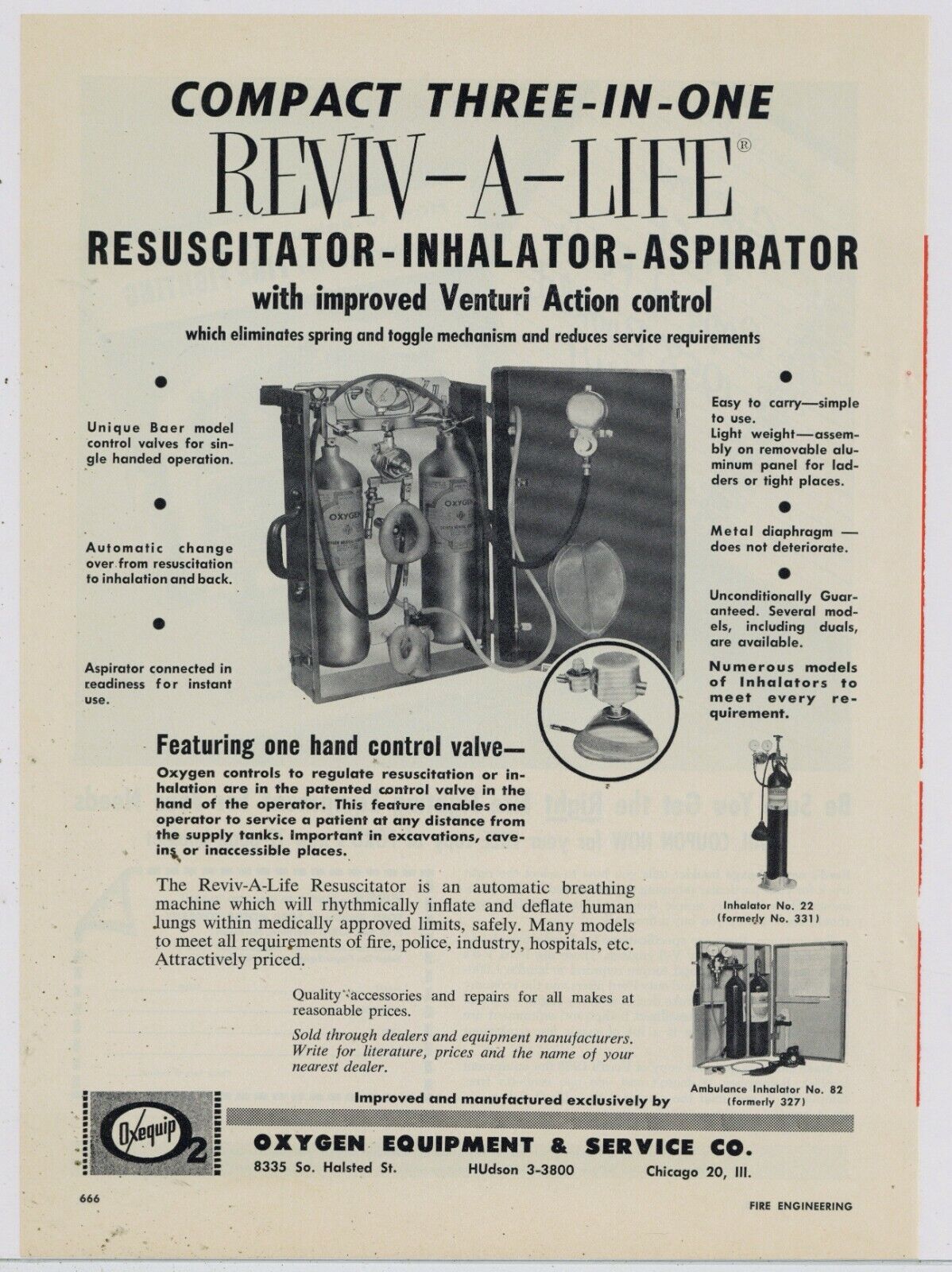 1958 Oxygen Equipment & Service Co. Ad: Reviv-A-Life Compact Resuscitator