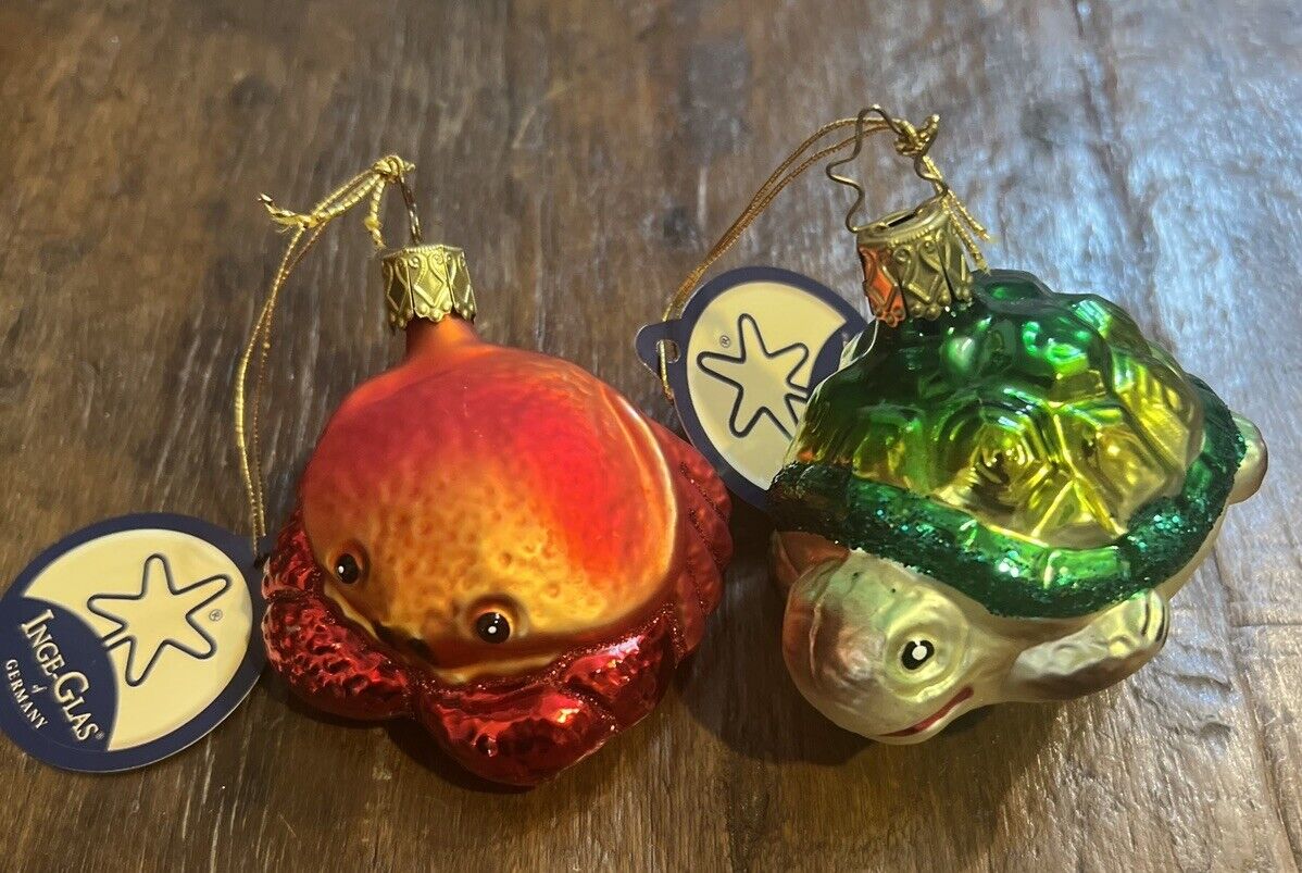 2 Inge Glas Sea life Christmas Ornaments Turtle & Crab Blown Glass Germany