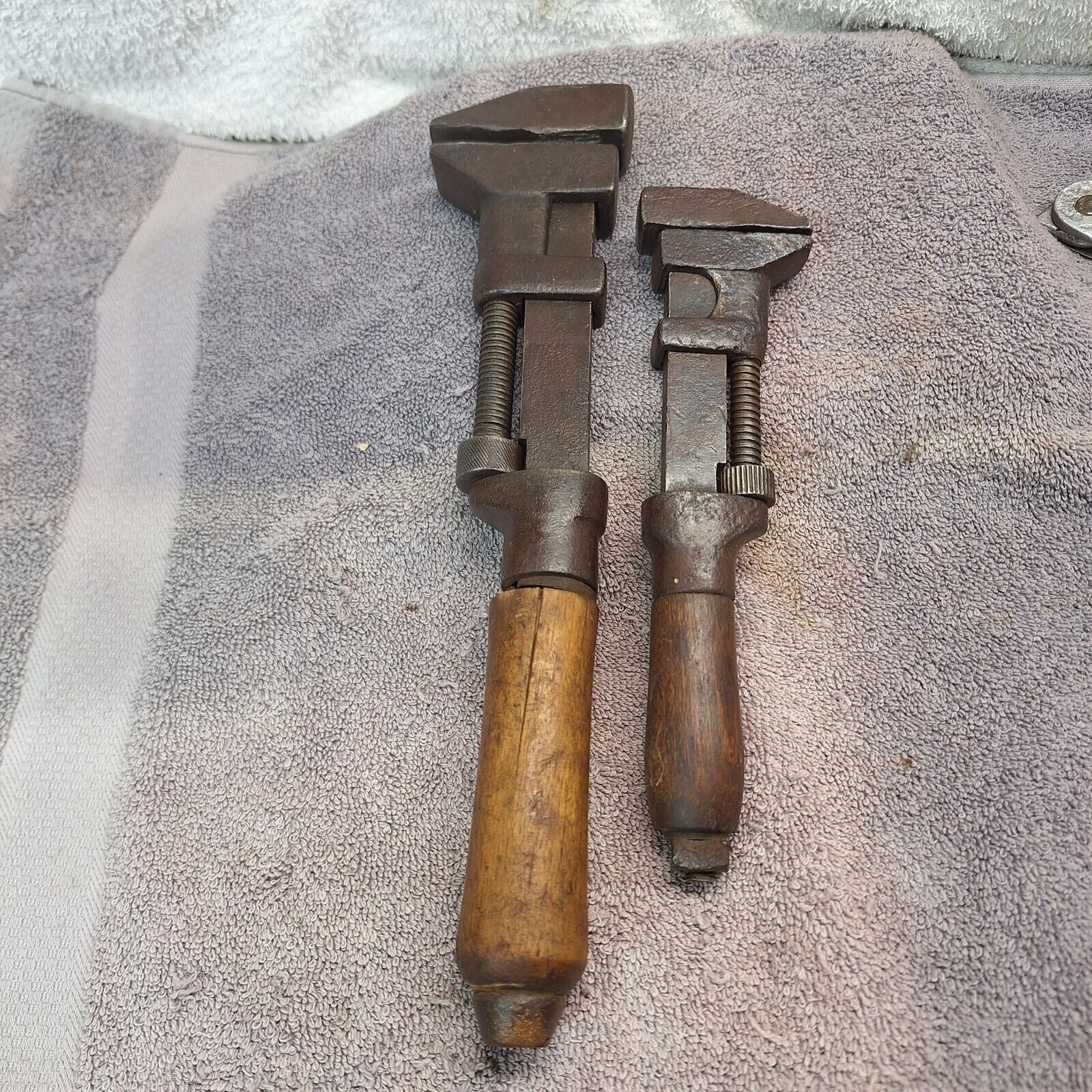 Lot Of 2 Vintage Antique Wooden Handle Adjustable Monkey Wrenches