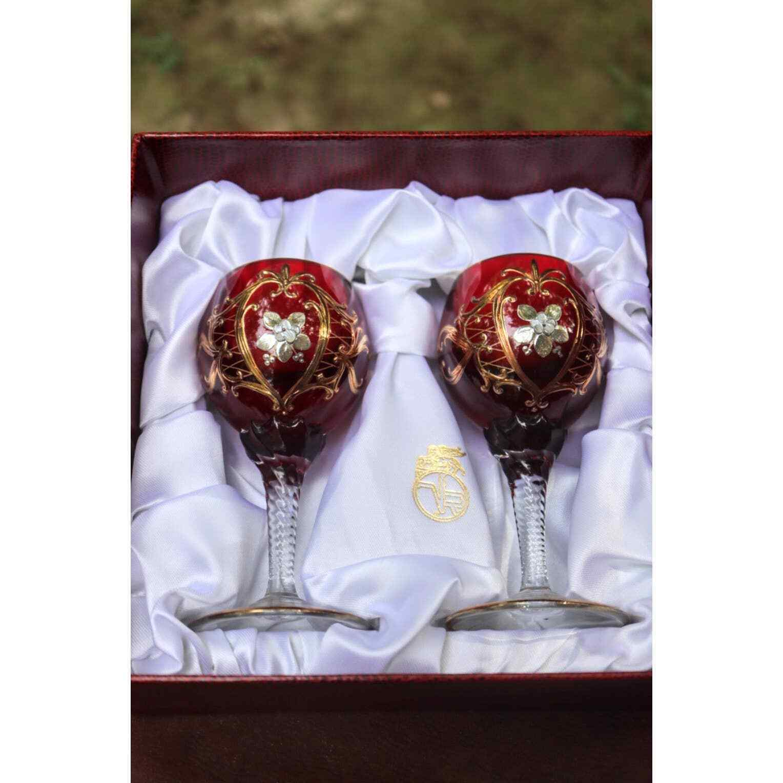 Vintage Murano Wine Glasses Goblets Ruby Red Flower Italian