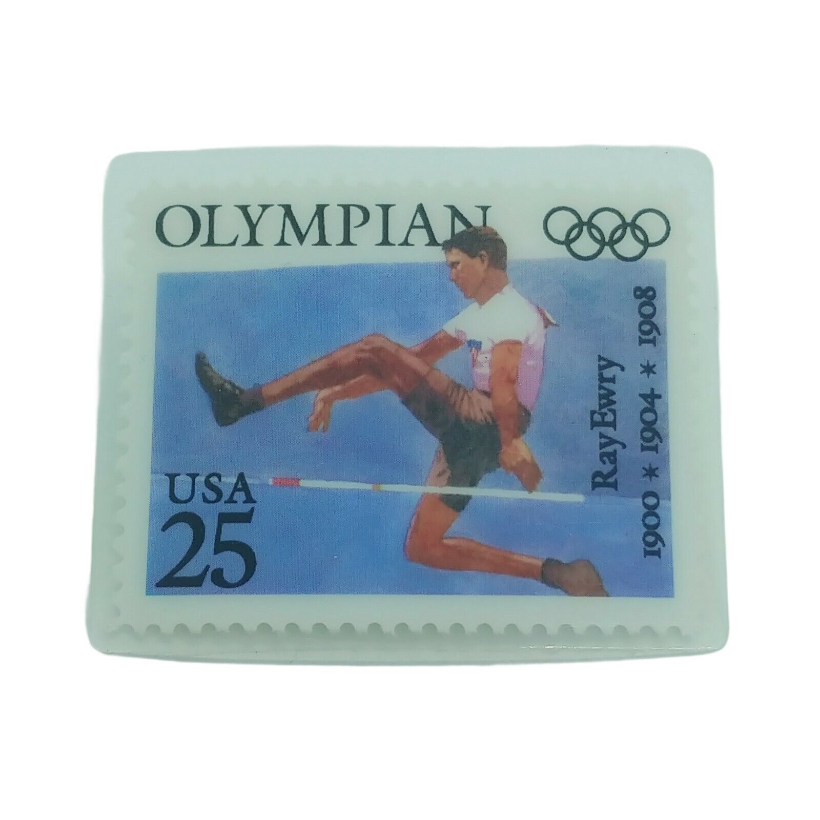 LAMINATED USA 25 CENT OLYMPIAN STAMP RAY EWRY PIN - Track Field Olympic Rings