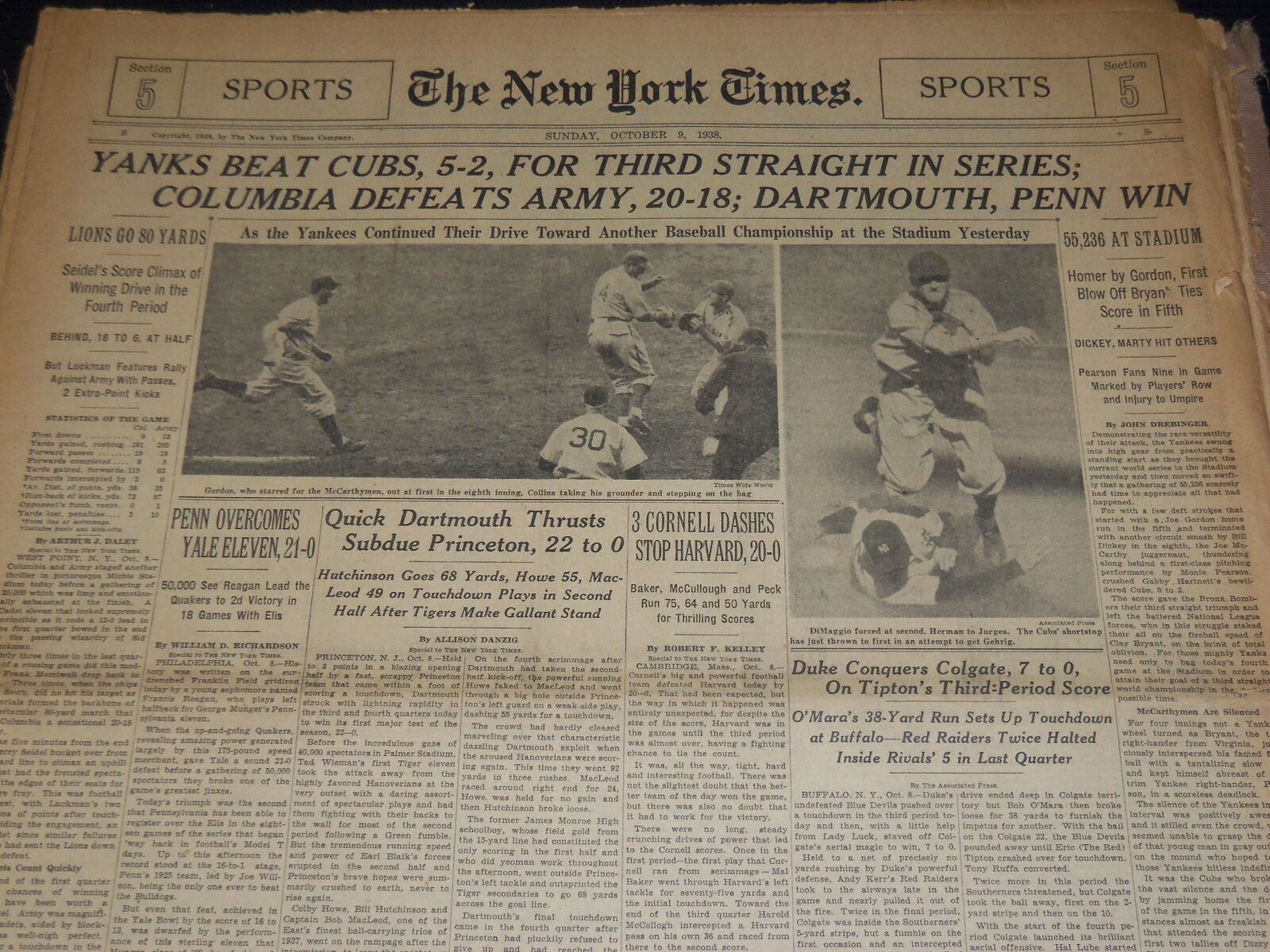 1937 WORLD SERIES YANKEES DEFEAT GIANTS 4-1 NEW YORK TIMES LOT OF 5 - NT XXXX