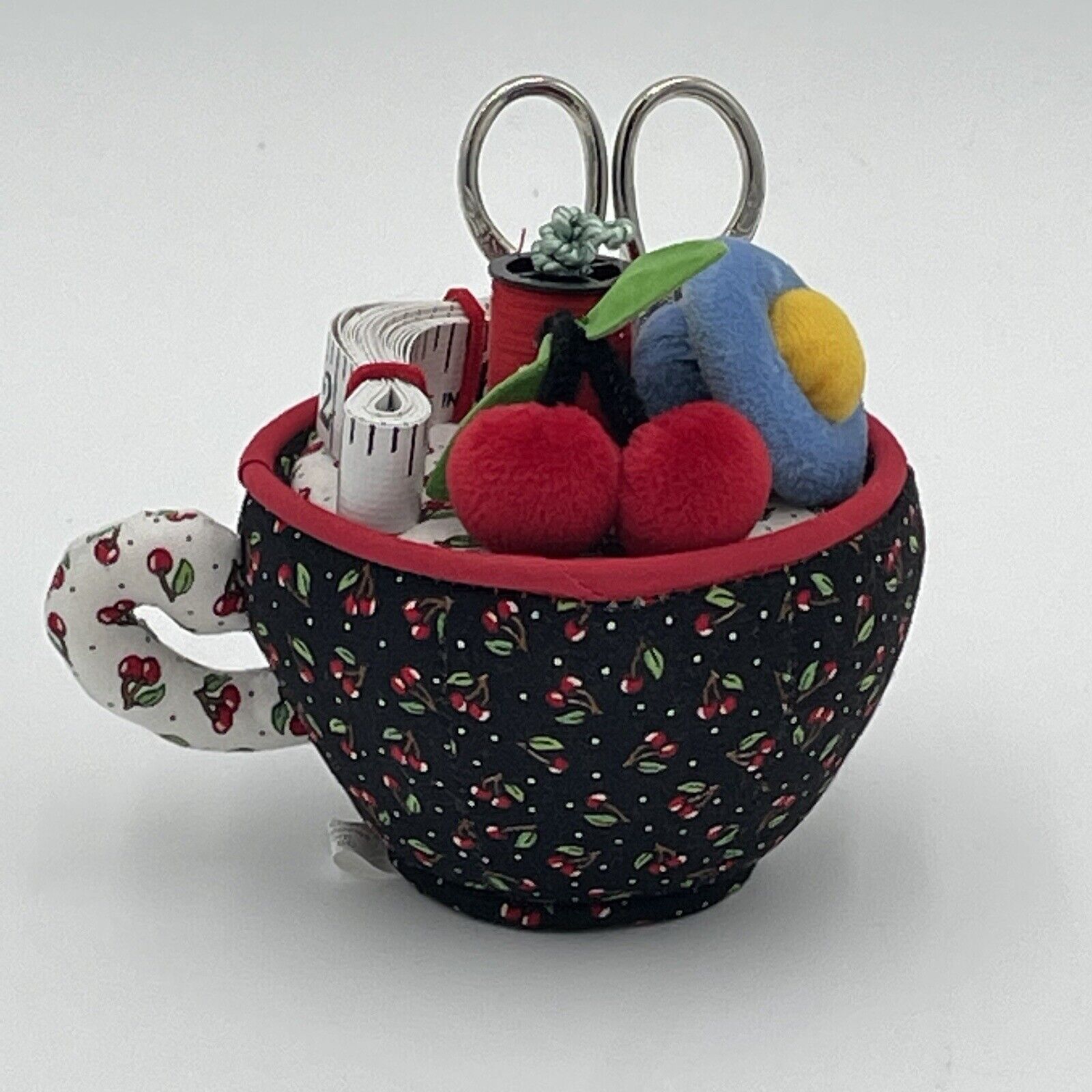 Mary Engelbreit Fabric Pincushion TEA CUP Sewing Notions Collectible Cherries