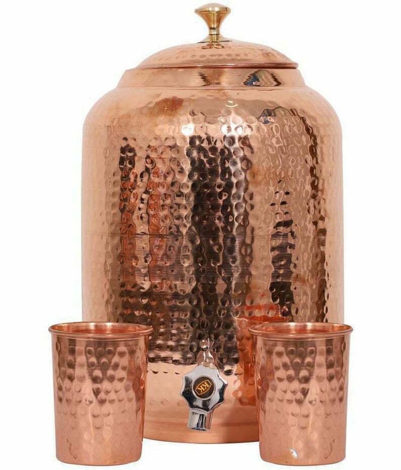 Handmade 100% Pure Copper Dispenser Water Pitcher Pot 4L With 2 Serving Glass