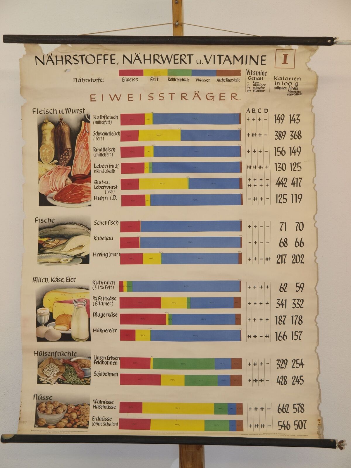 Nutrients Nutritional Value Vitamins Ernährungstipps~1960 Schul-Wandbild Poster