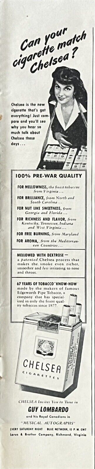 Vtg Print Ad 1944 Chelsea Cigarettes Guy Lombardo NBC Blue Larus & Bros RVA Gift