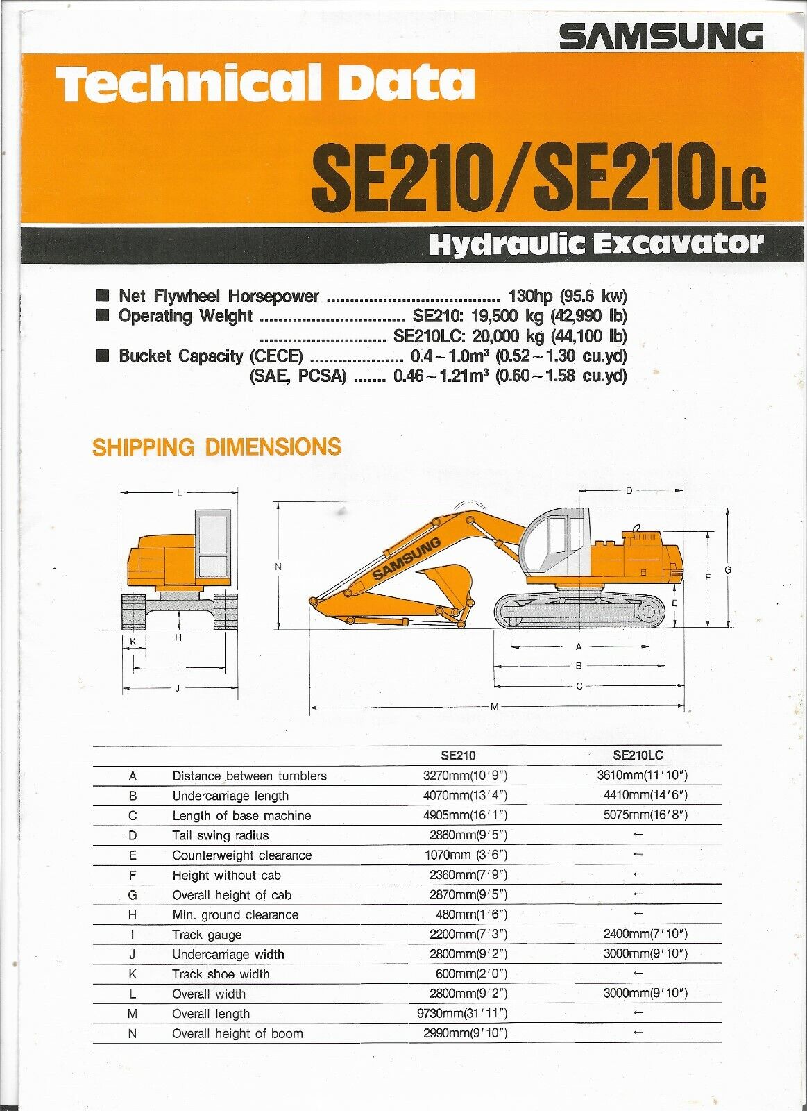 Original Samsung SE210 and SE210LC Hydraulic Excavator Technical Data Brochure