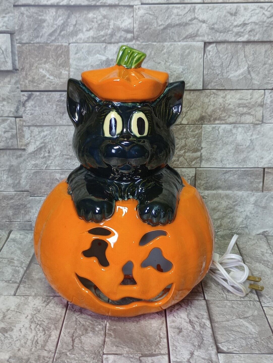 Vintage Halloween Pumpkin Light Ceramic Jack o lantern Cat Works Rare 