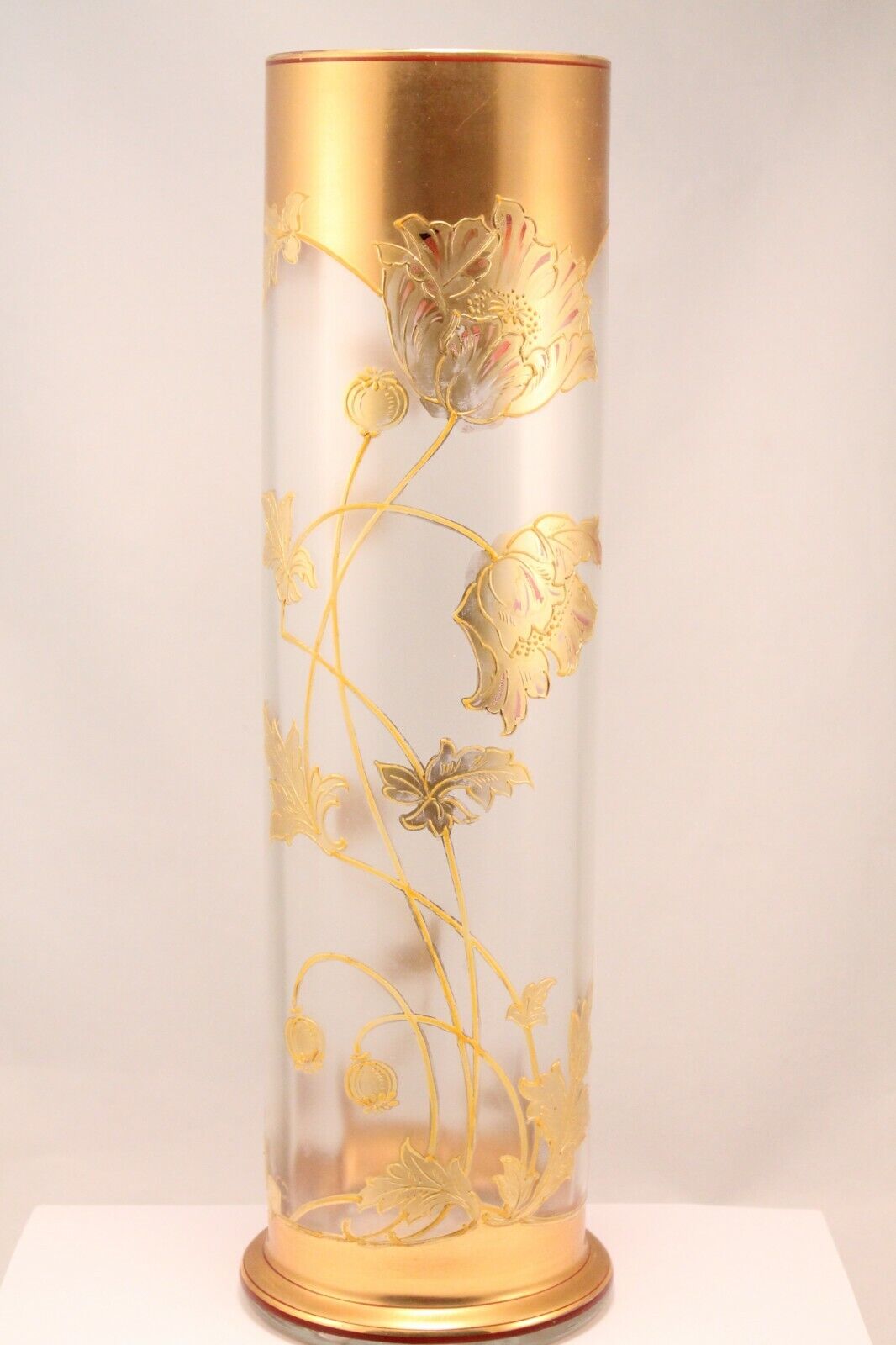 Art Nouveau Mont Joye Legras Gold Poppy Flowers Glass Vase 15\