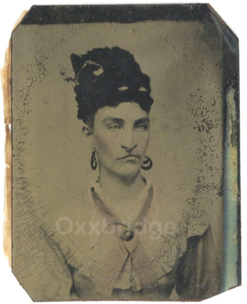 Gay Man Dressed In Drag Tintype Photo 1870 Male Cross Dresser Hoop Earring Queen