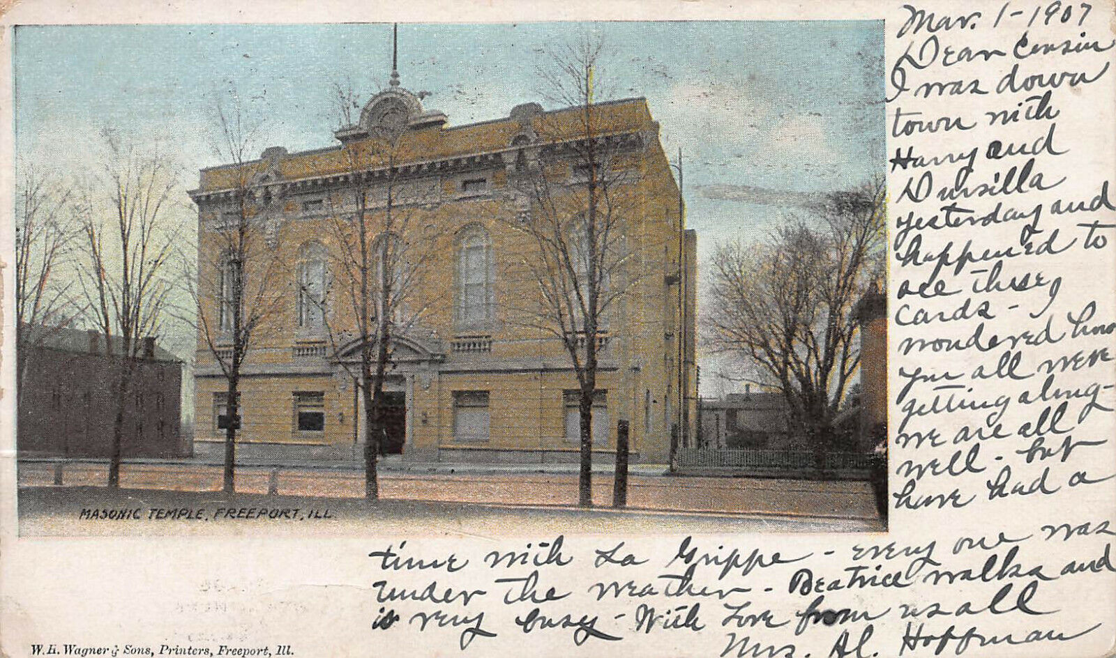 Masonic Temple, Freeport, Illinois, Early Postcard, Used in 1907