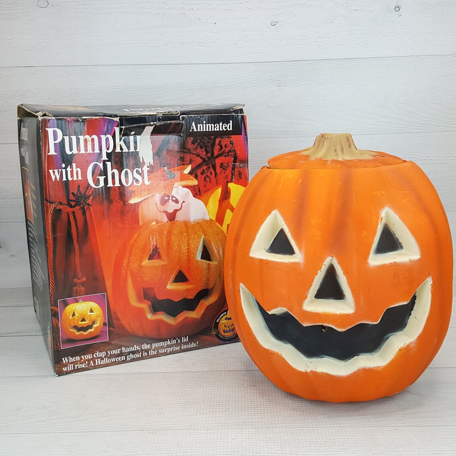 Vintage Gemmy Halloween Animated Pumpkin w Ghost Clap & Lid Rises Spooky Sounds
