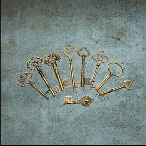 9pcs/set Vintage Antique Bronze Skeleton Keys Cabinet Barrel Old Lock For Diy 