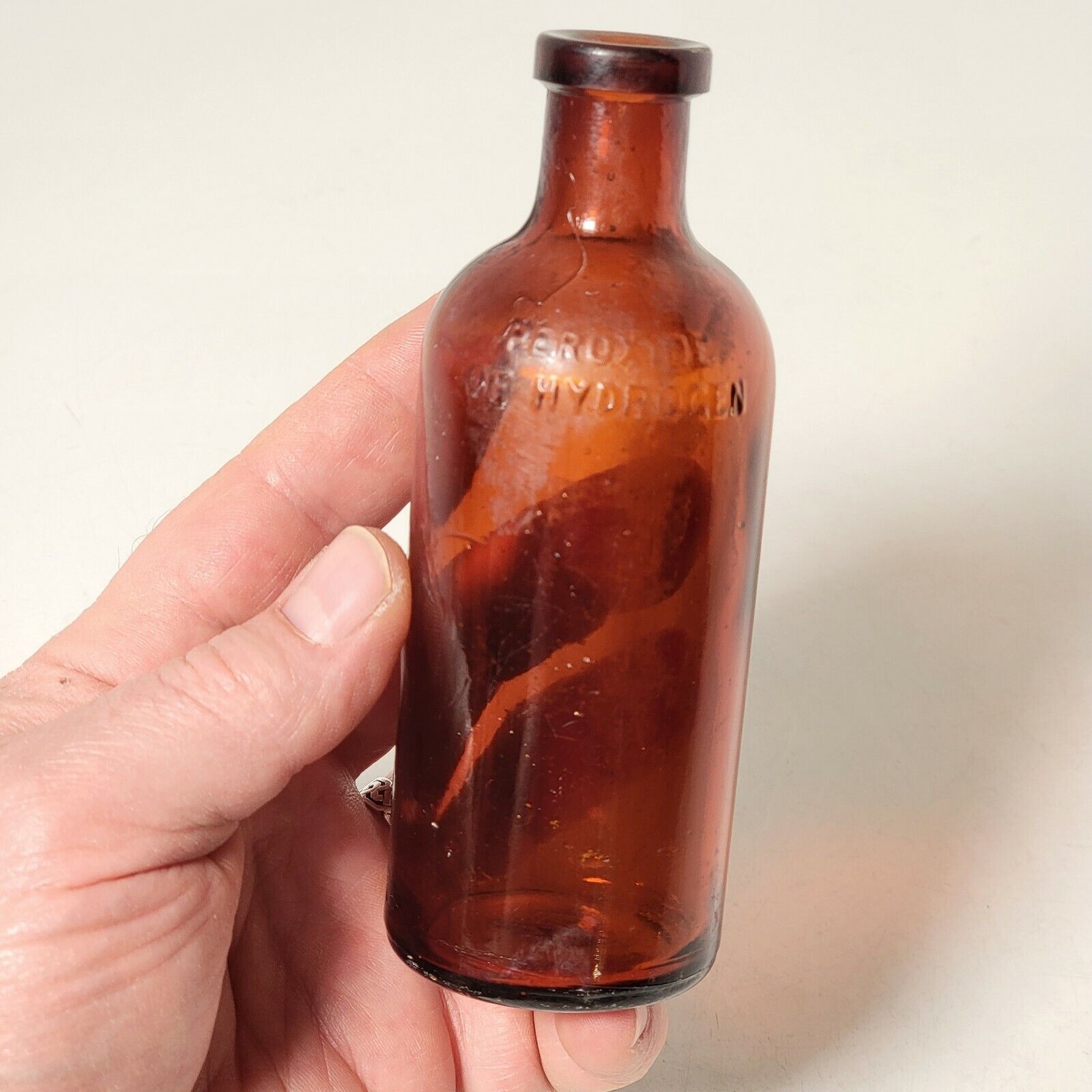 Vtg Peroxide of Hydrogen Small Brown Glass Cork Top Antique Bottle Approx 5.25