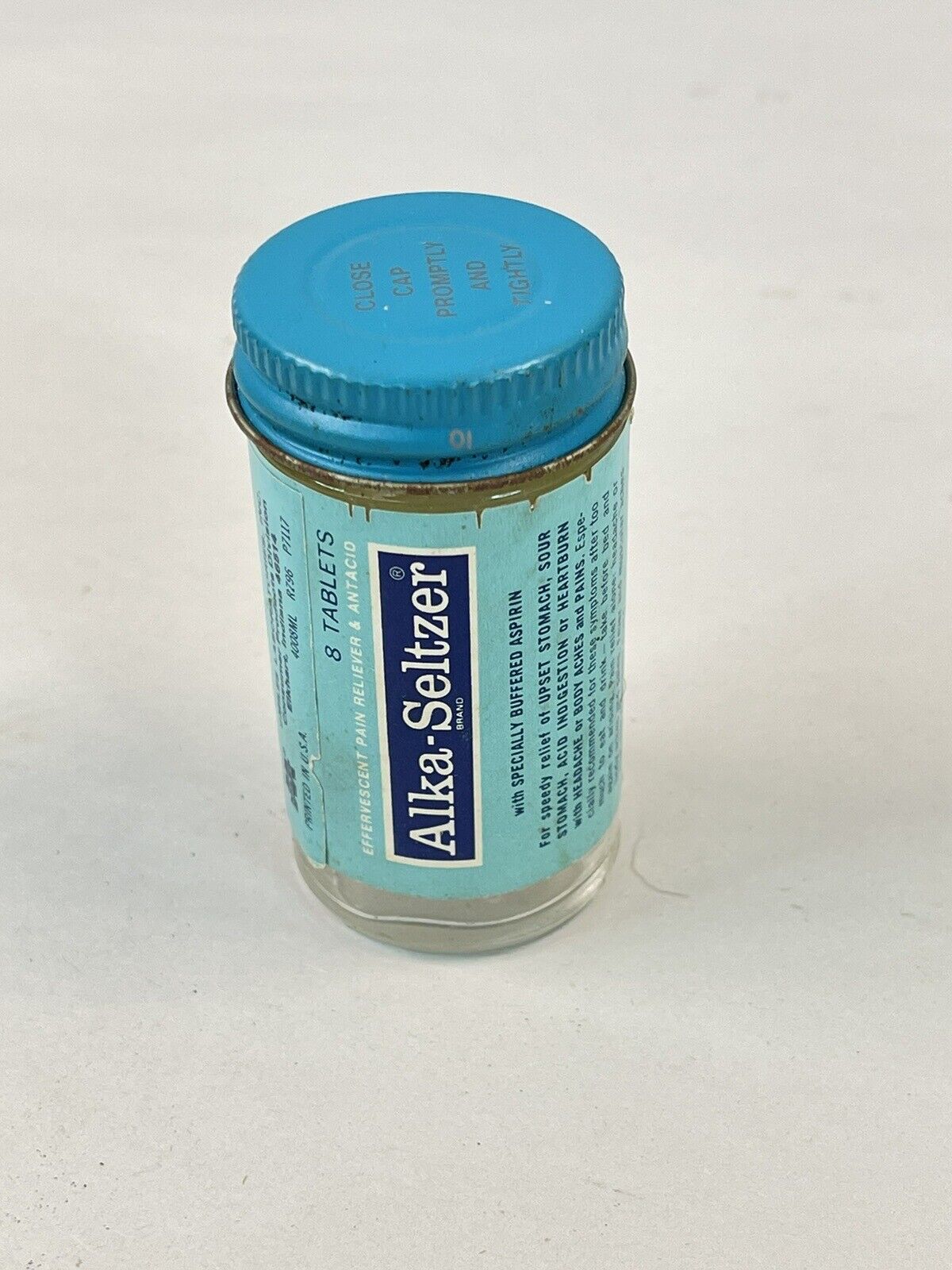 Vtg Alka-Seltzer Glass Medicine Bottle w Original Label Metal Lid Pre-Bar Code