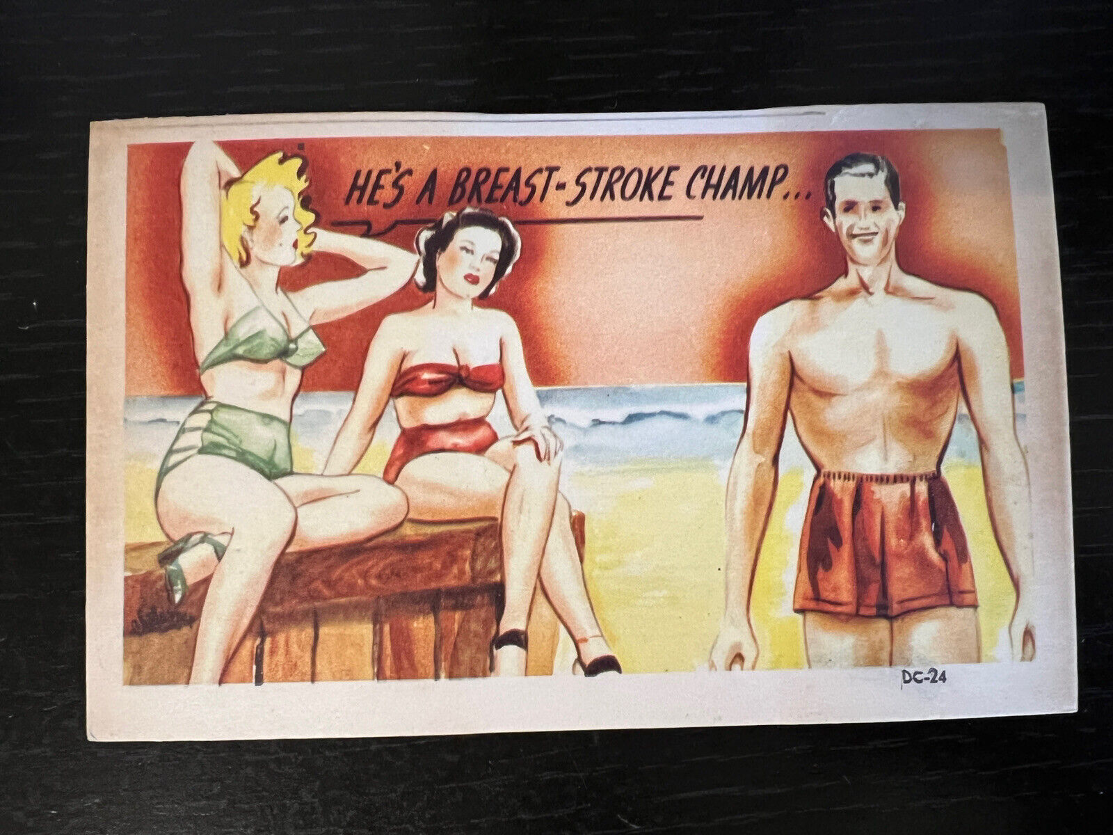 1940's Naughty MAN IN SWIM TRUNKS  HE'S A BREAST-STROKE CHAMP Postcard funny