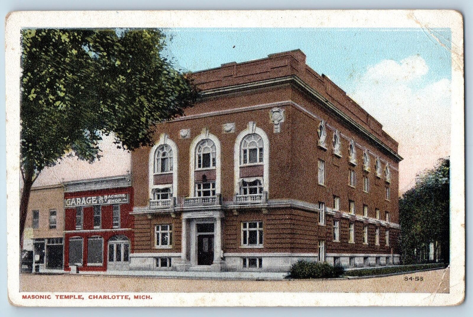Charlotte Michigan MI Postcard Masonic Temple Exterior Roadside c1920s Antique