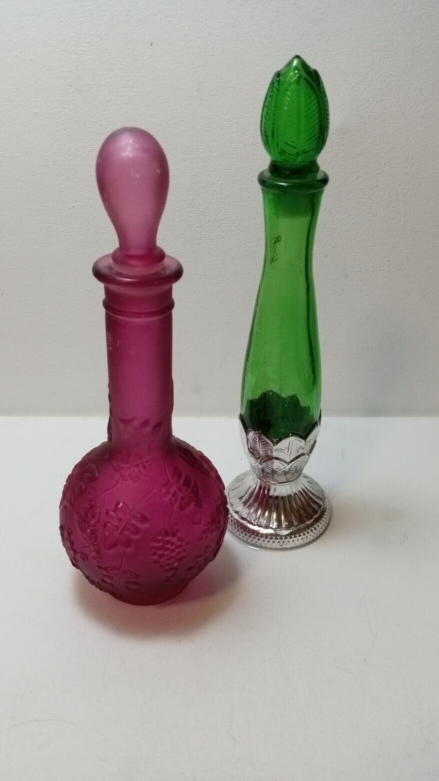 2 Vintage Avon Purple  and green flower vase decanter bottles