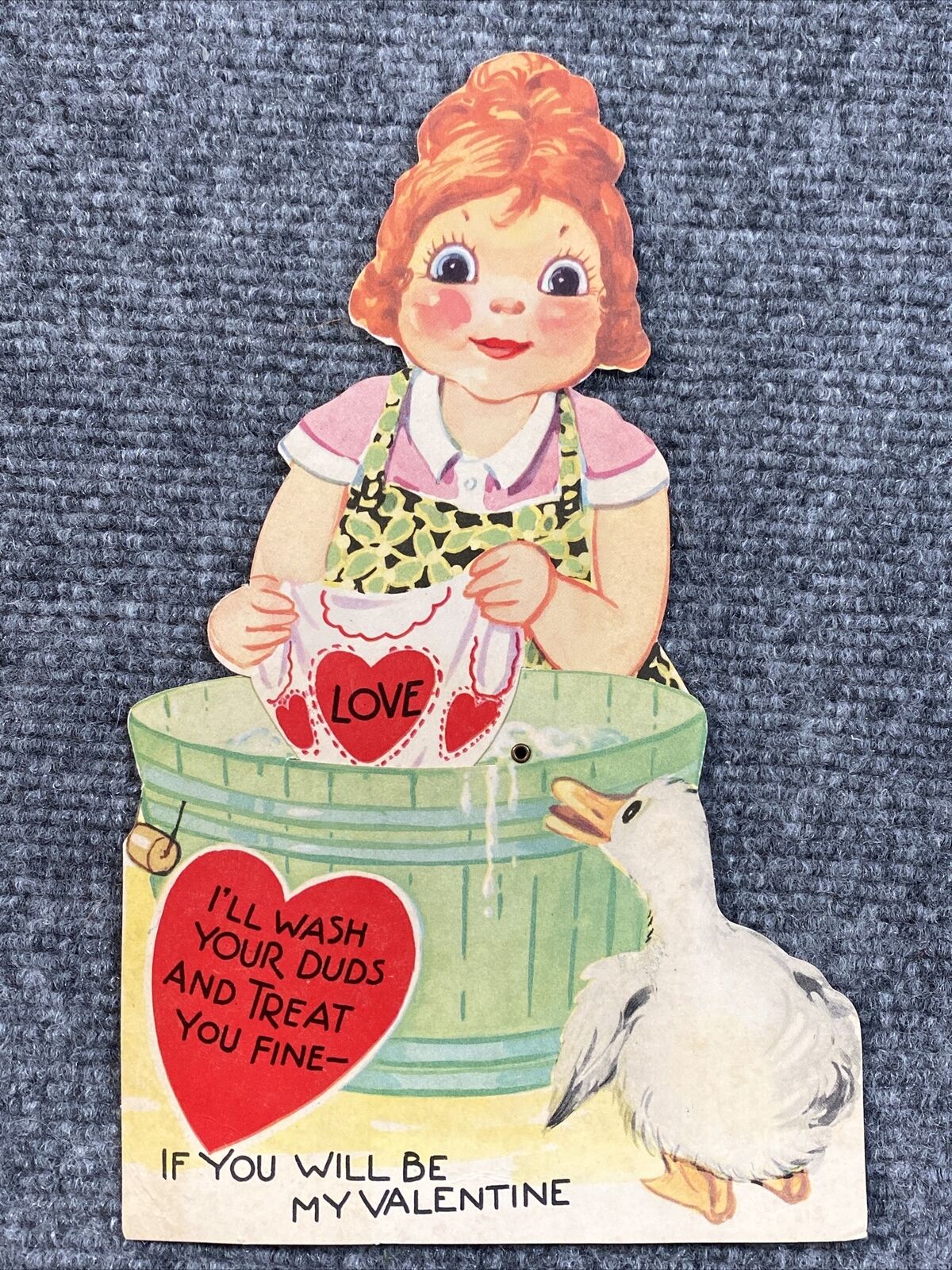Vintage Valentine Card Girl Laundry Washtub Duck Mechanical Ill Wash Your Duds