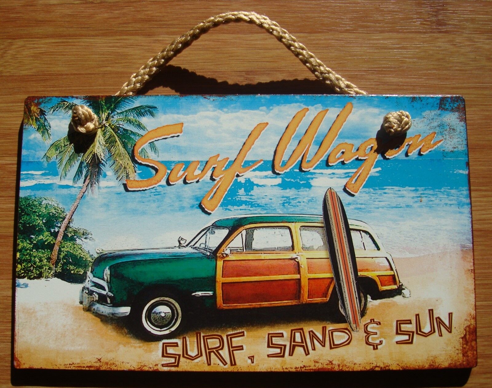 SURF SAND SUN Woody Surfboard Surfer Wagon Tropical Beach Tiki Bar Sign Decor