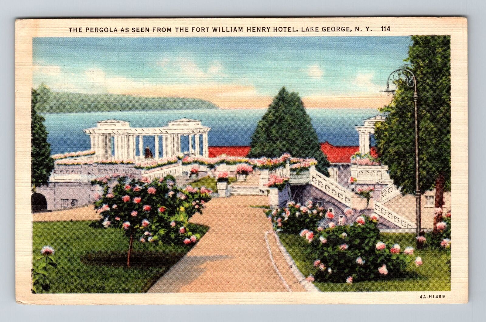 Lake George NY-New York Pergola Pink Flowers Outside Stairway Vintage Postcard