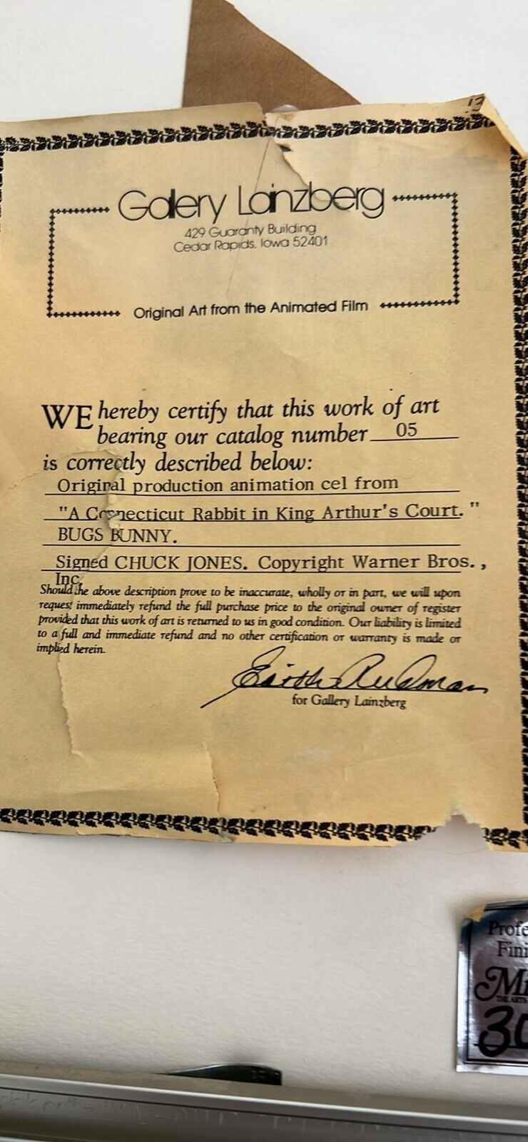Bugs Bunny Original Cell siged by Chuck Jones. Certificate of authenticity.