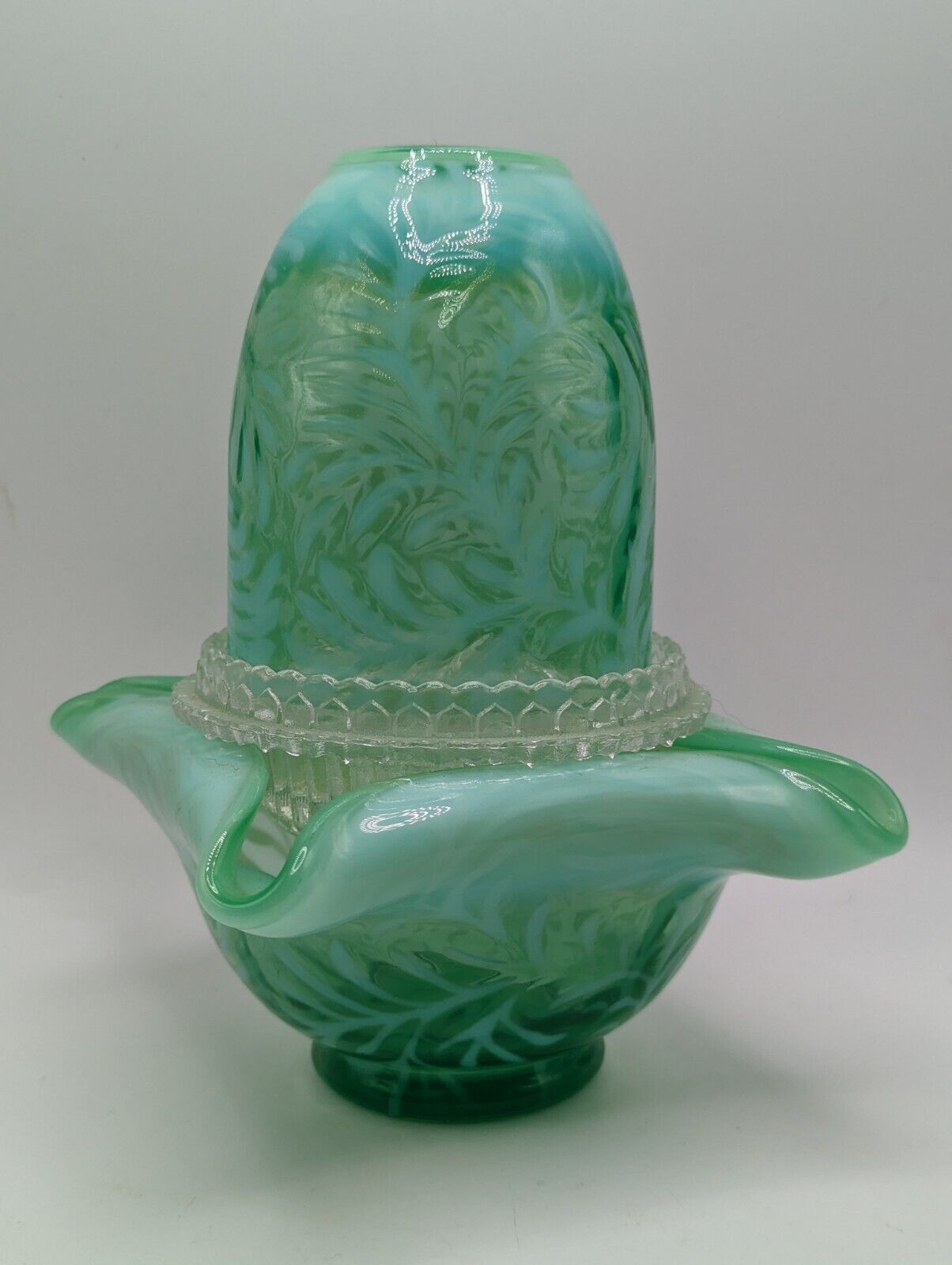 Fenton Green Opalescent Feather Fern 3 Piece Fairy Lamp Art Glass Beautiful Rare