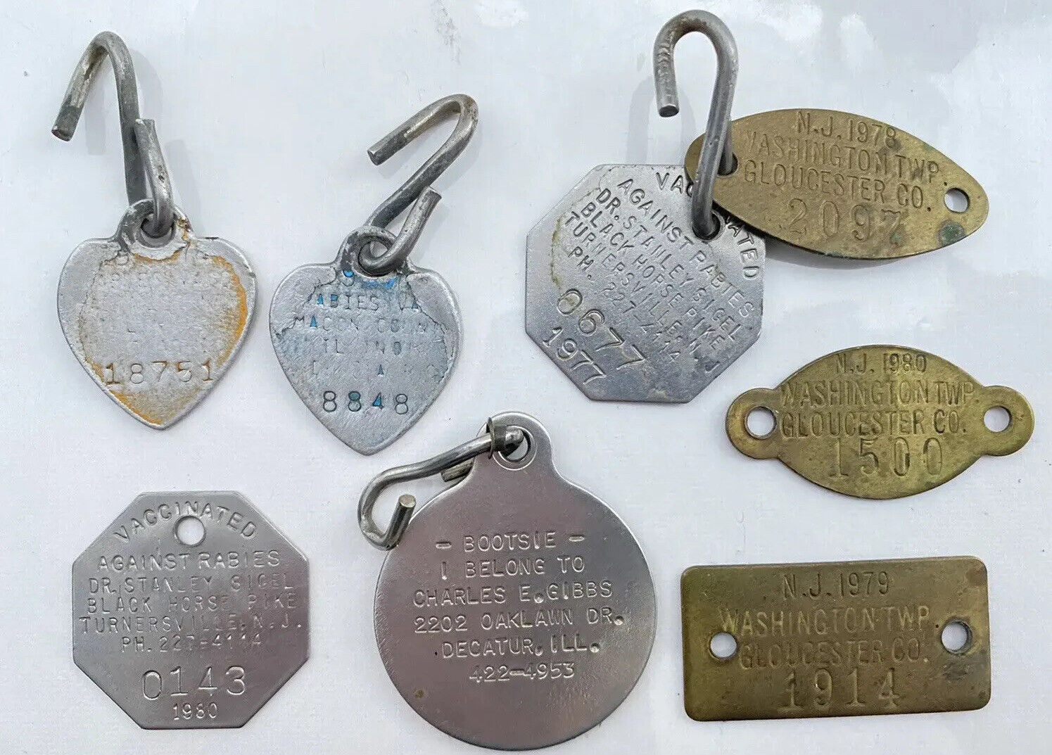 Vintage Dog License Rabies Vaccination Tags Lot of 8 NJ IL “ Bootsie “