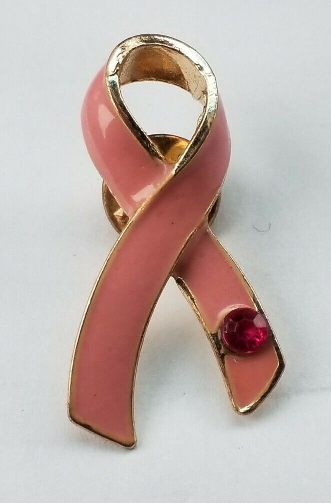 Pink Ribbon Pinback Hat Tie Lapel Pin Metal Enamel Inlay Breast Cancer Awareness