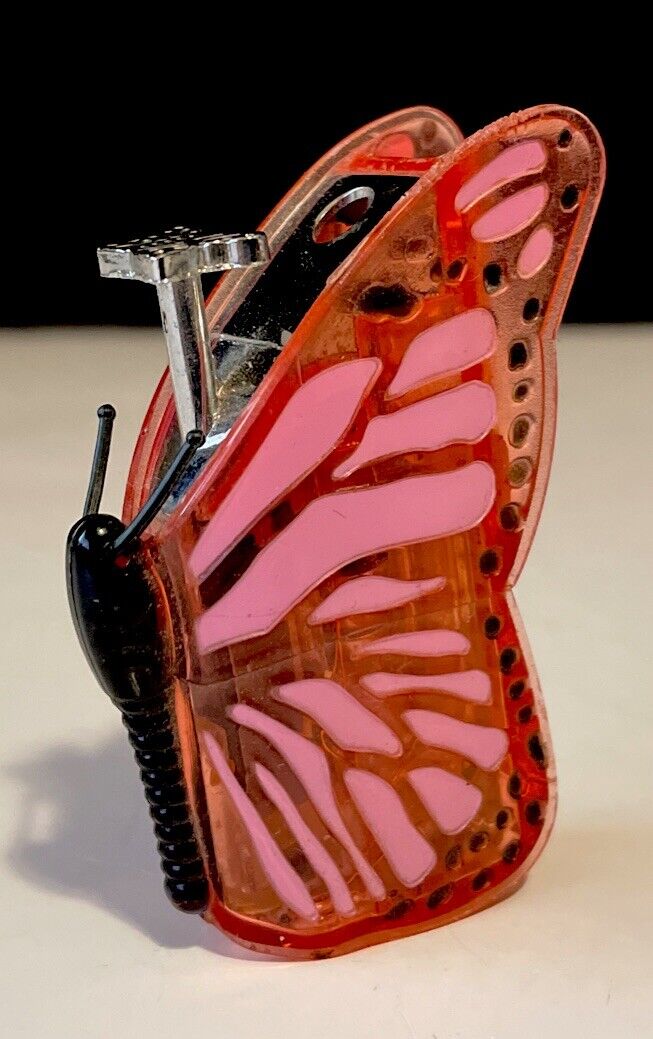 Pink Butterfly Lighter W/Black Body & Antennas Silver Button Needs Butane Rare