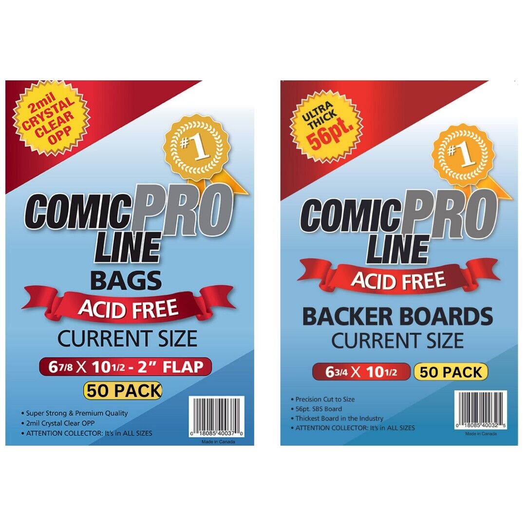 50 Pack - ComicProLine Current Size Comic Book OPP Bags + 56PT Backer Boards