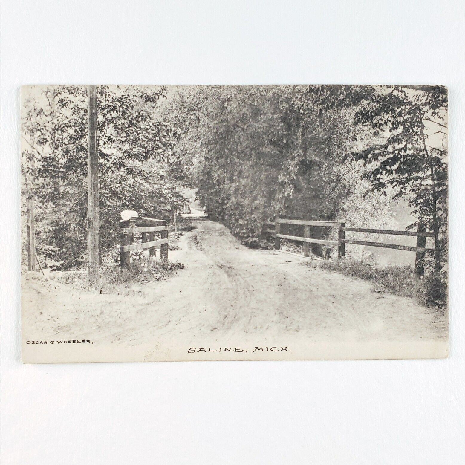 Saline Michigan Dirt Road Postcard 1930s Albertype Bridge Fence Vintage MI A2690