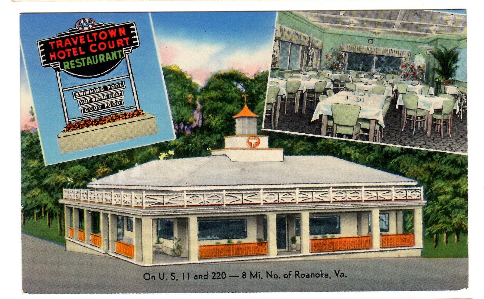 1950\'s postcard- Traveltown Hotel Court and Restaurant, 8 Mi. No. Roanoke, Va. 