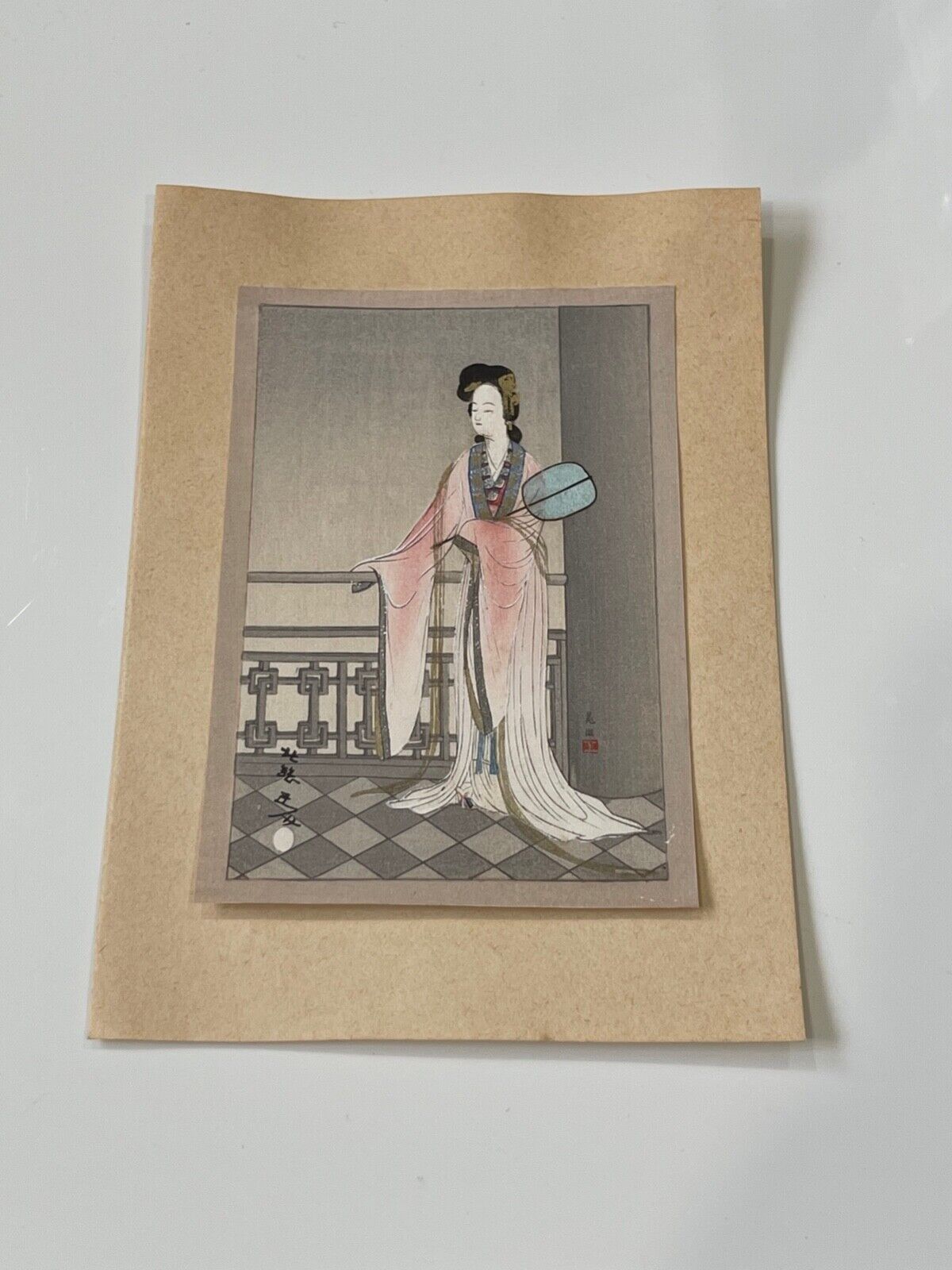 Vintage Possibly Antique Japanese Signed Woodblock Print of Woman with Fan