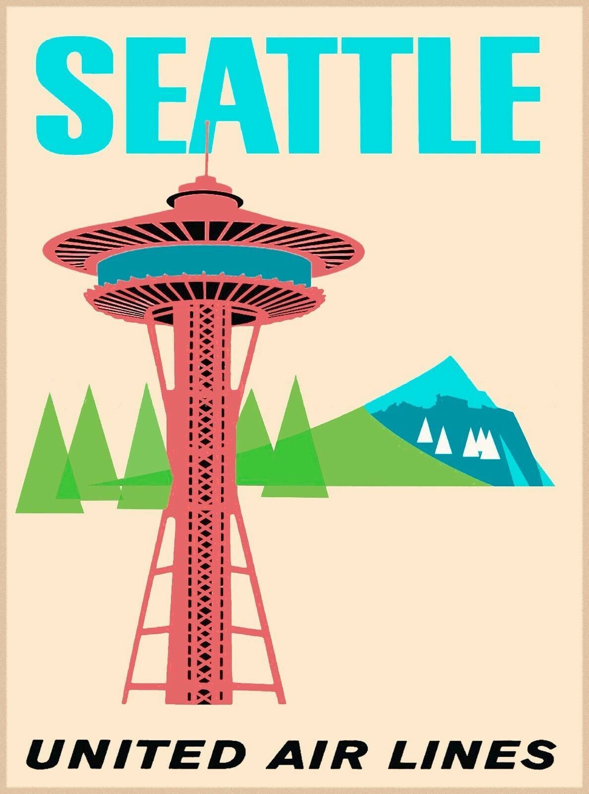 Seattle Washington Space Needle Vintage Airline Travel Advertisement Print