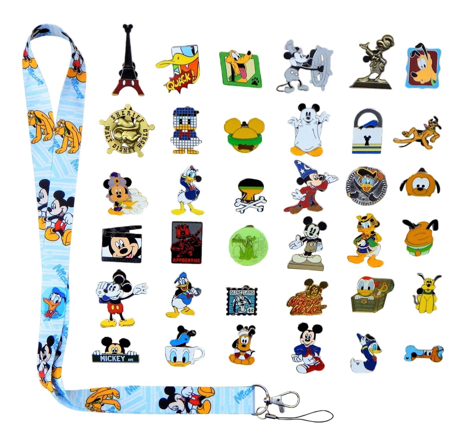 Mickey, Donald & Pluto Starter Lanyard Set with 6 Disney Trading Pins - NEW