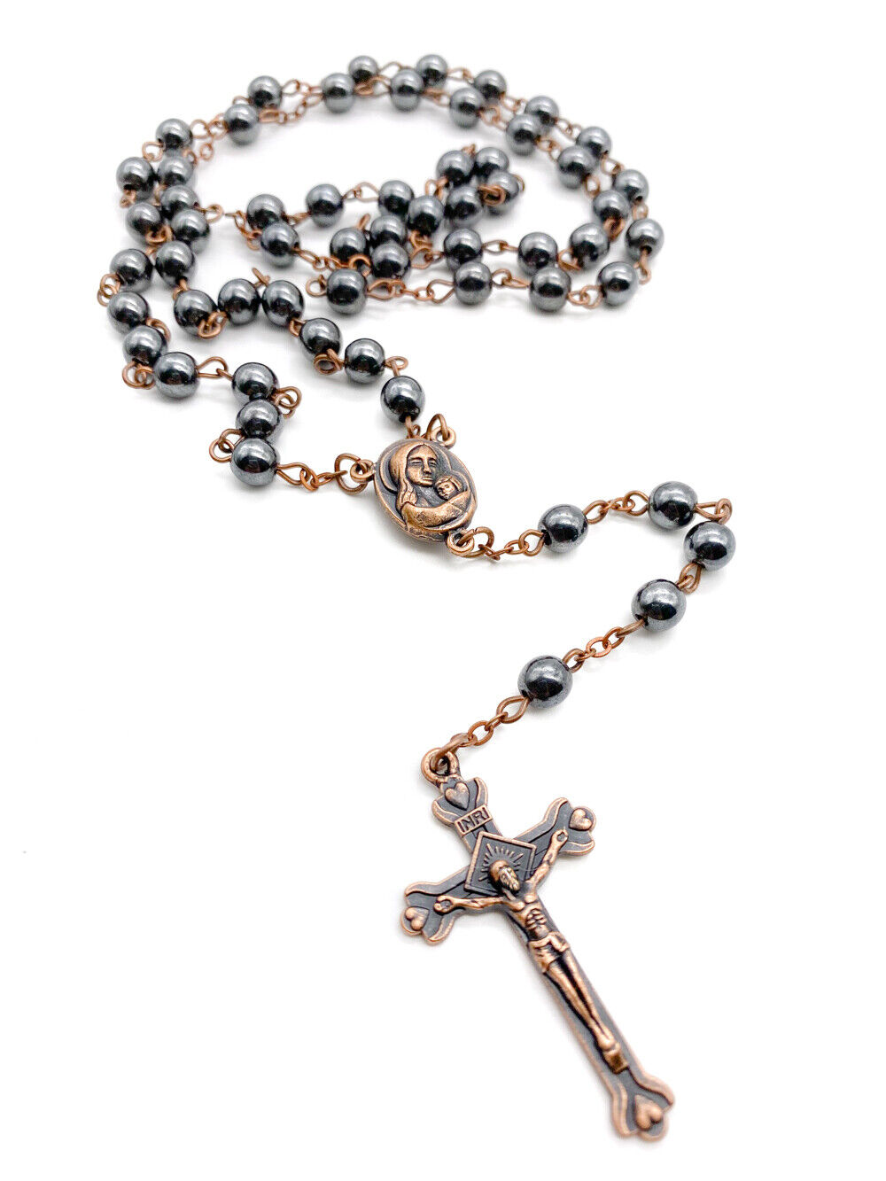 Hematite Rosary Beads Black Catholic Necklace Anqiue Holy Mary Soil Medal Cross