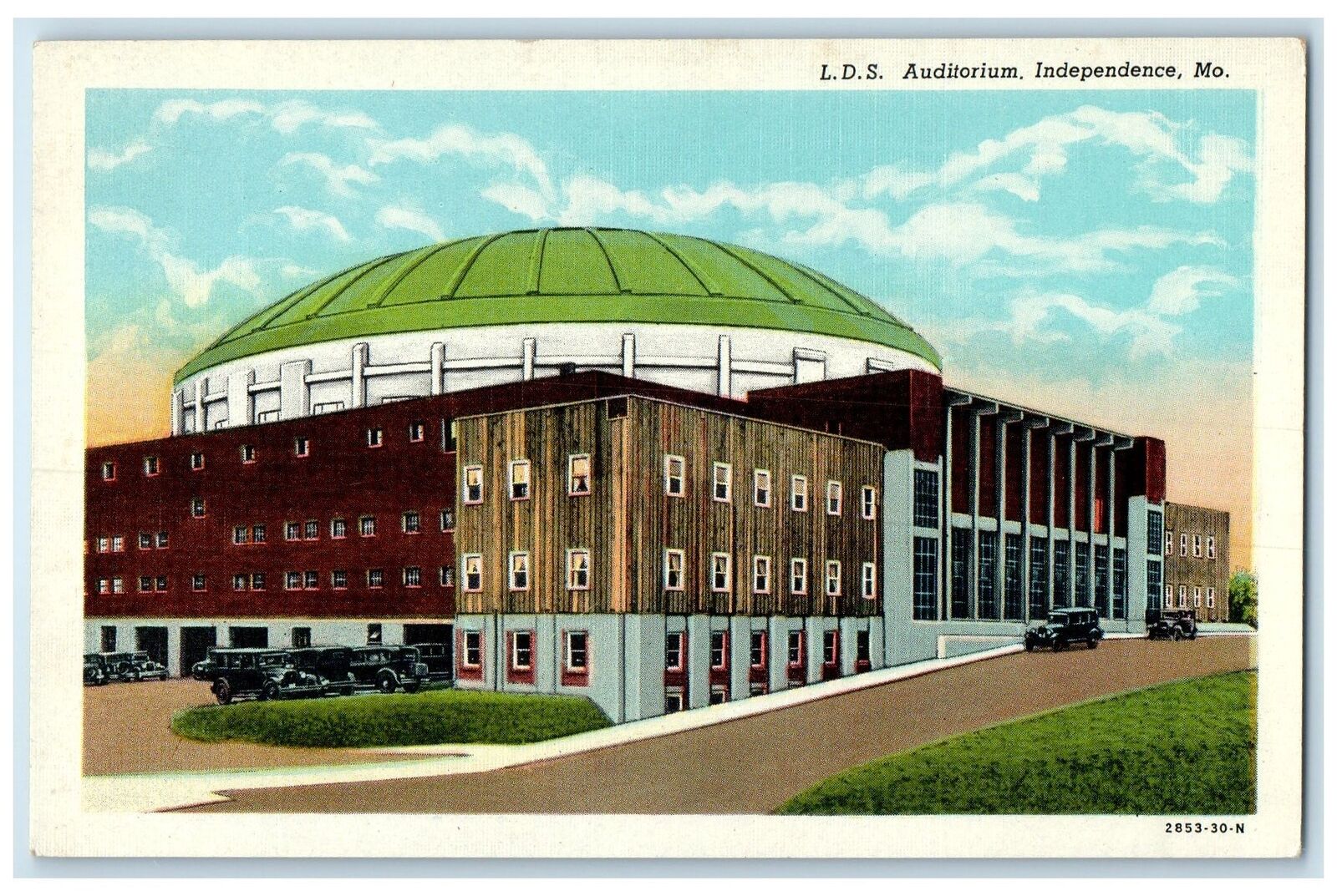 c1920 LDS Auditorium Building Classic Car Road Independence Missouri MO Postcard