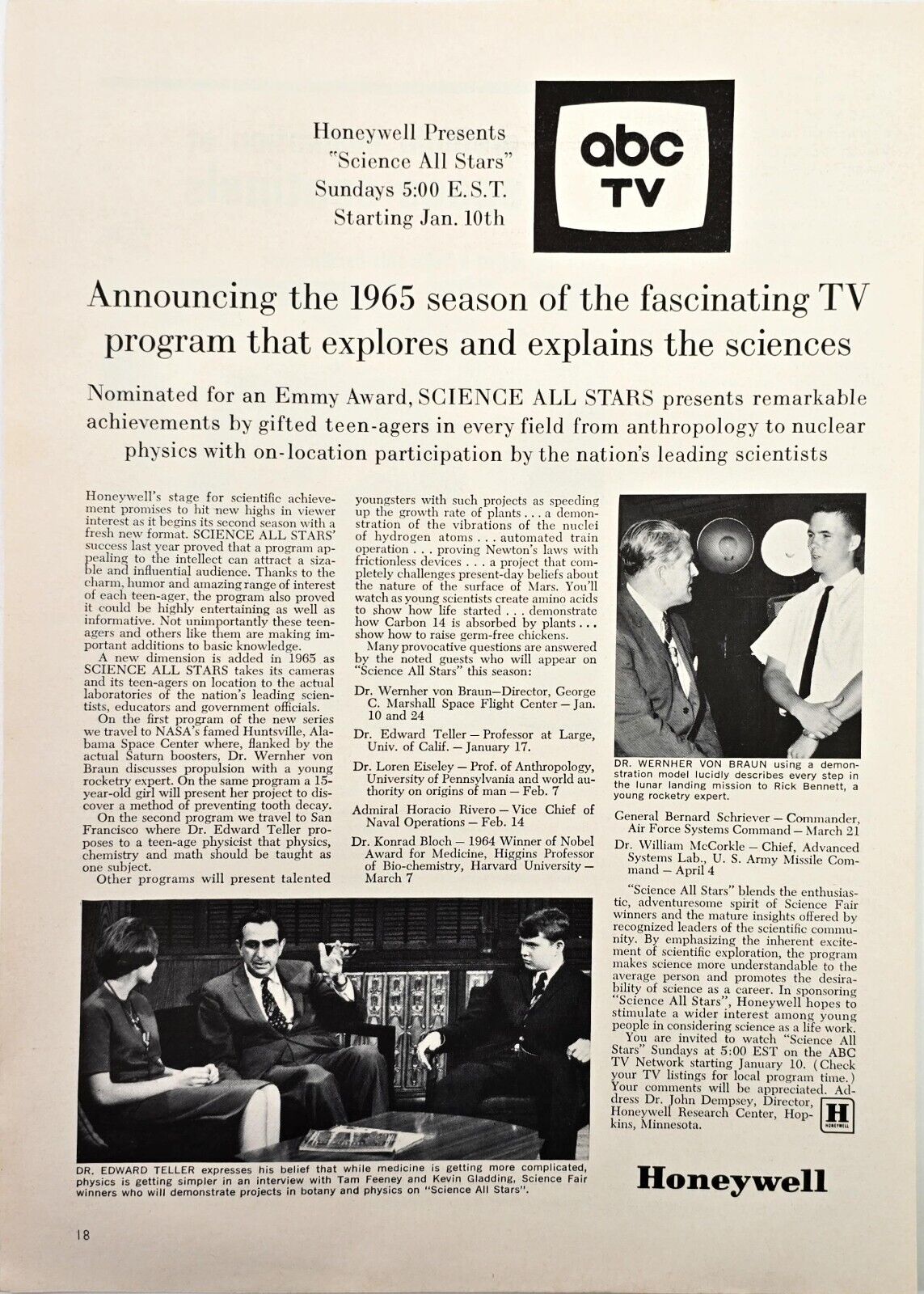 1965 Honeywell Presents Science All Stars On ABC TV  Original Vintage Print Ad