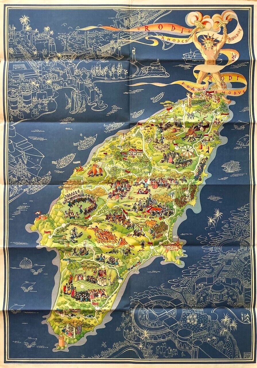Original Vintage Poster EGON HUBER RODI - MAP - GREECE - RHODOS - TRAVEL - 1935