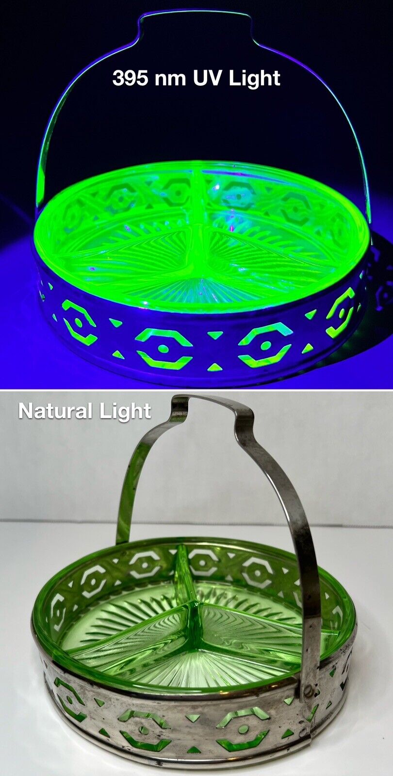 Vintage Uranium Glass Divided Relish Dish W/ Metal Handle Basket