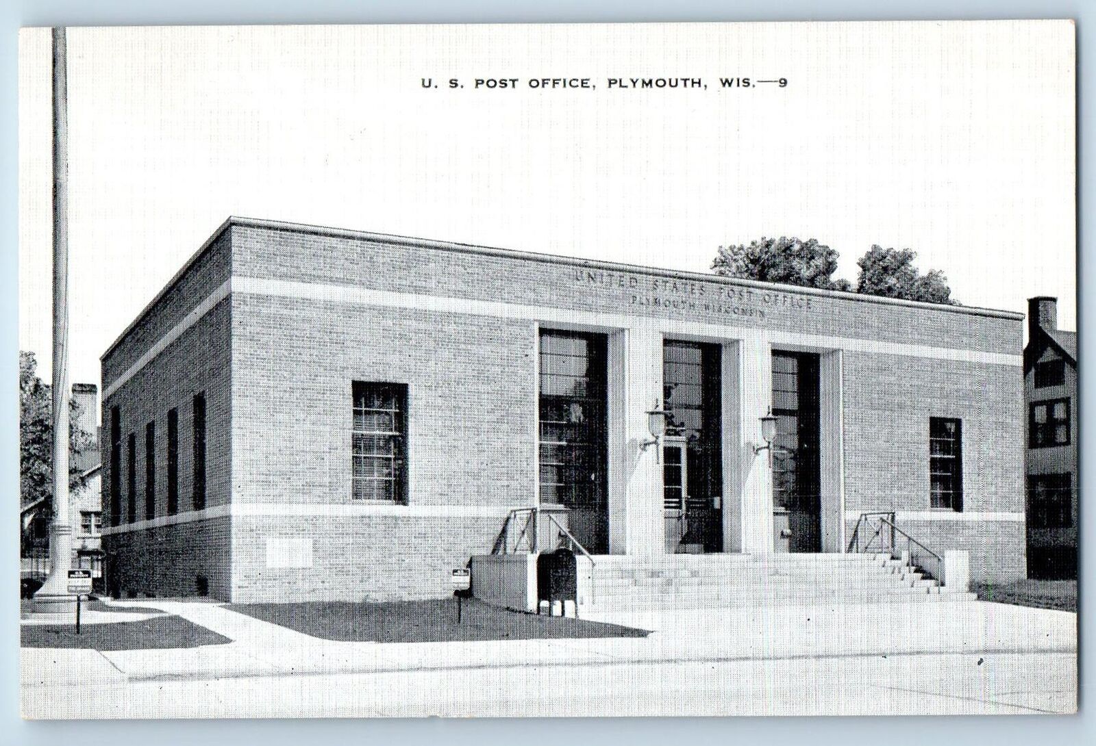 c1940\'s US Post Office Building Stairs Entrance Plymouth Wisconsin WI Postcard