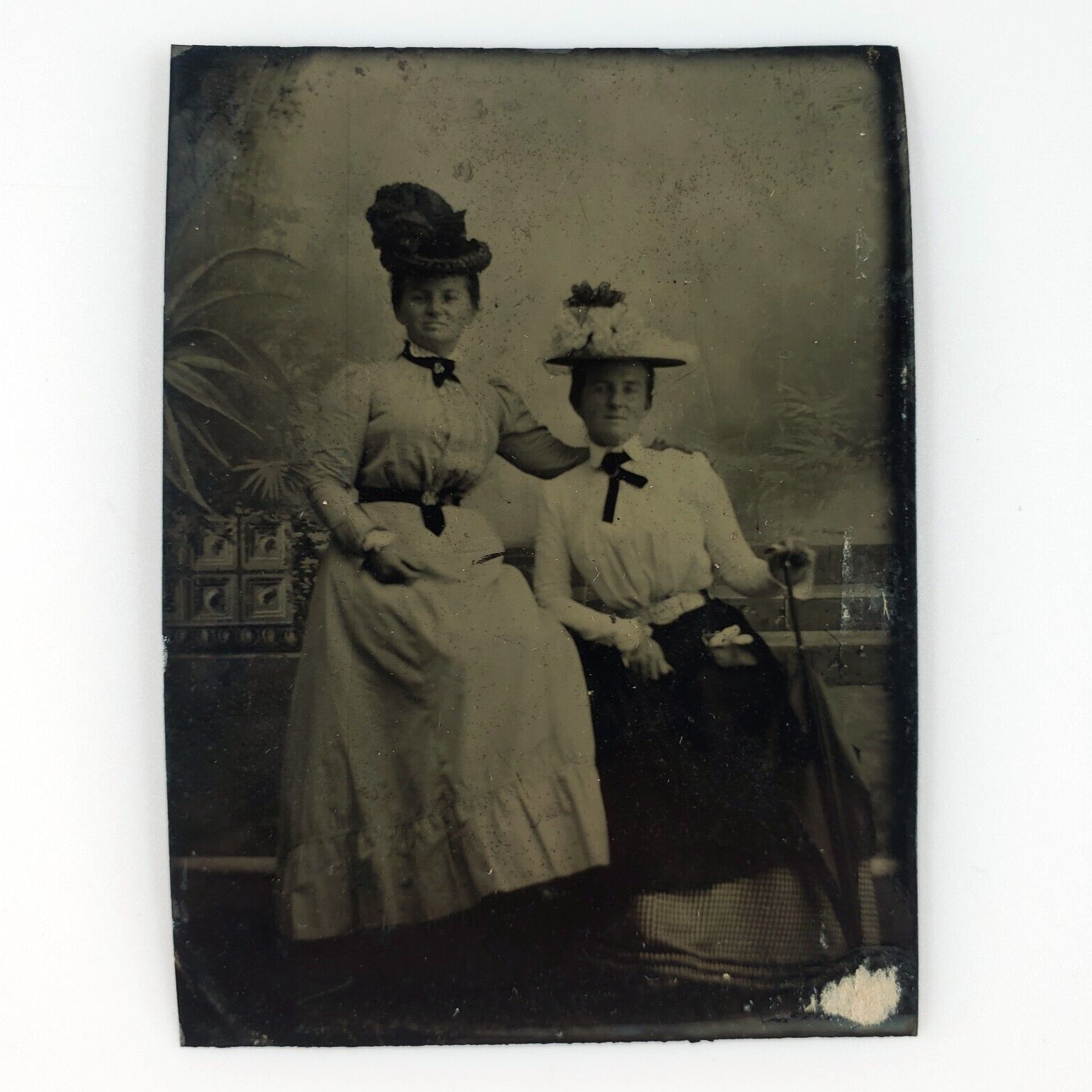 Affectionate Girls Holding Parasol Tintype c1870 Antique 1/6 Plate Photo A3723