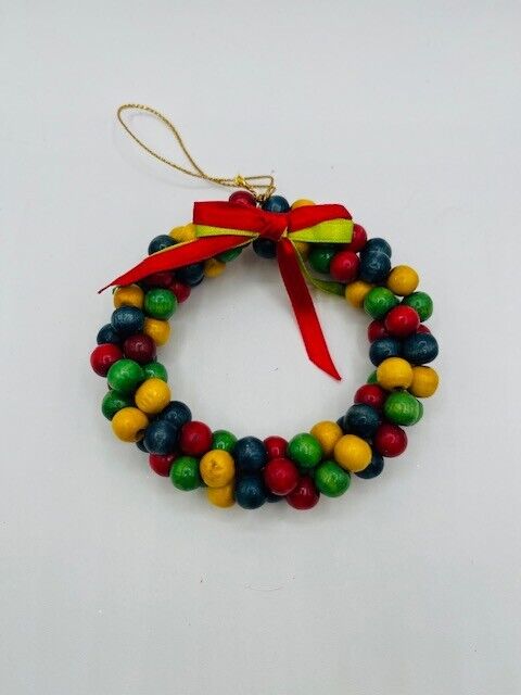 Wooden Beads Multicolor Circular Wreath Christmas Tree Ornament 4”