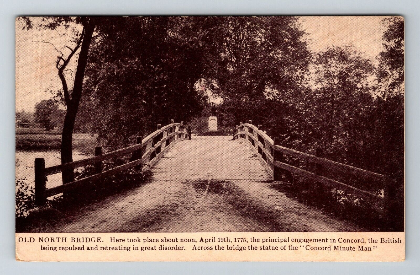 Concord MA-Massachusetts, Old North Bridge, Statue Vintage Souvenir Postcard