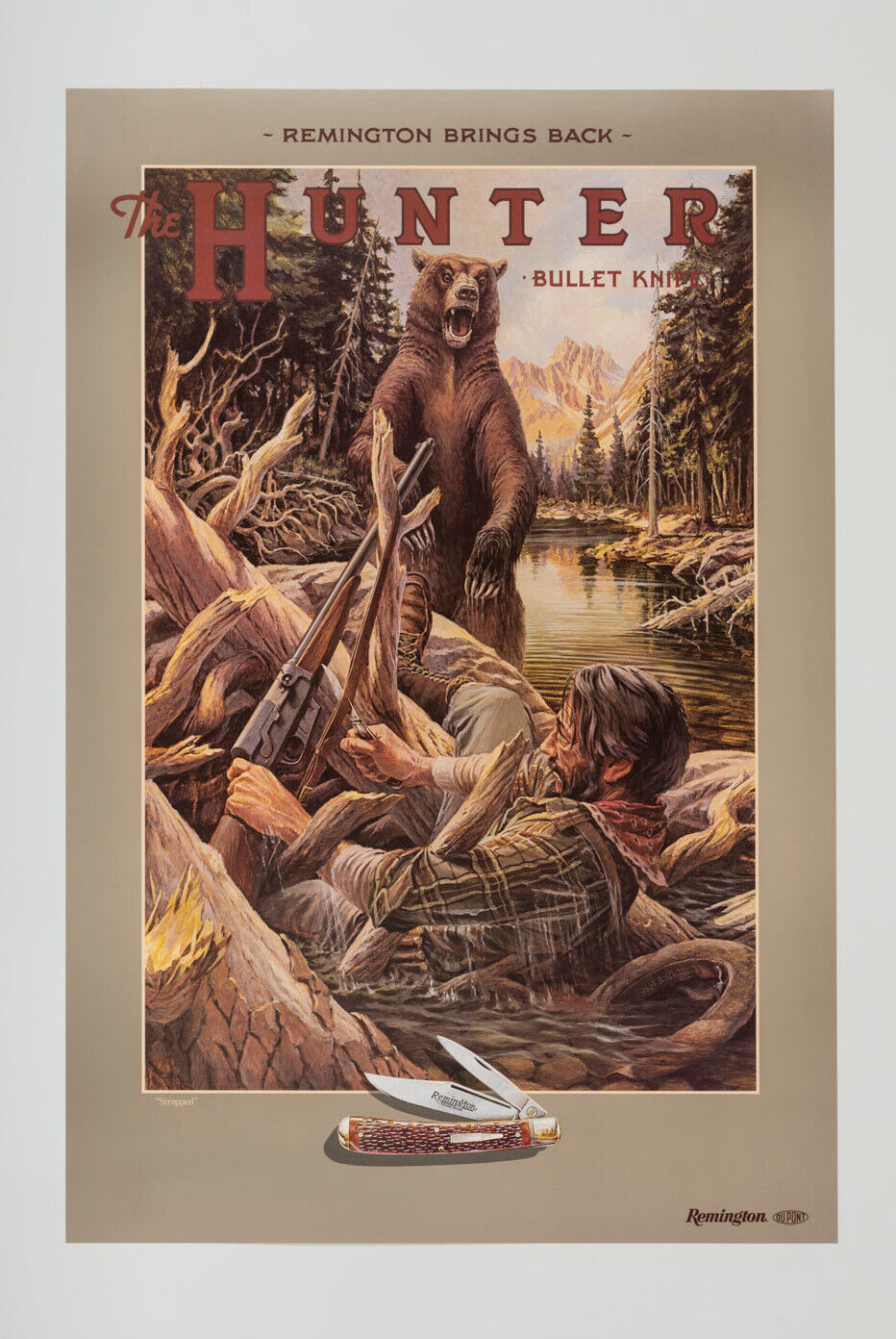1986 Vintage Remington The Hunter Bullet Knife Poster \'Strapped\' 20x30 NOS