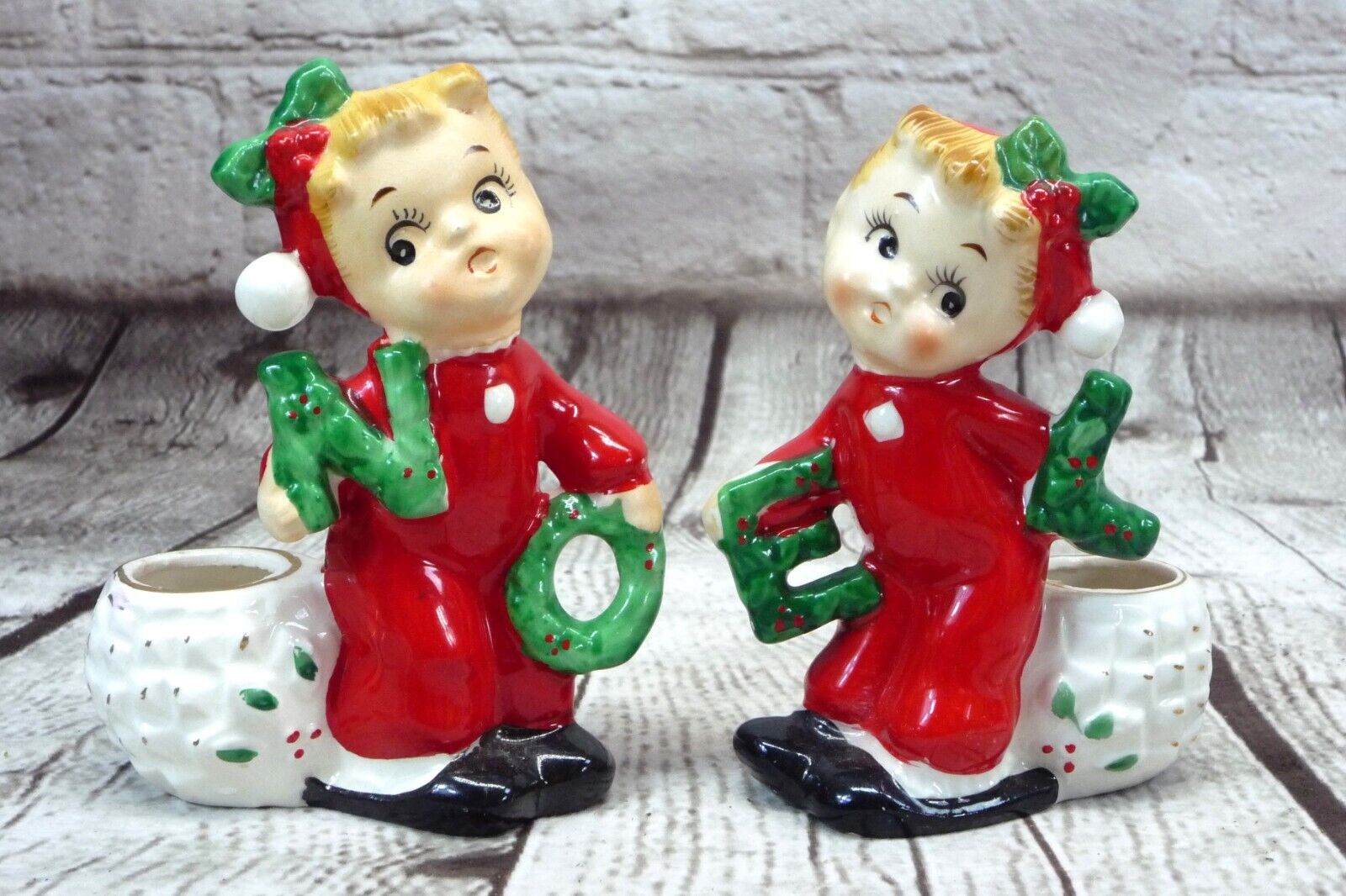 1950s Noel Christmas Candle Holders Girl Figurines Made In Japan Commodore Rare