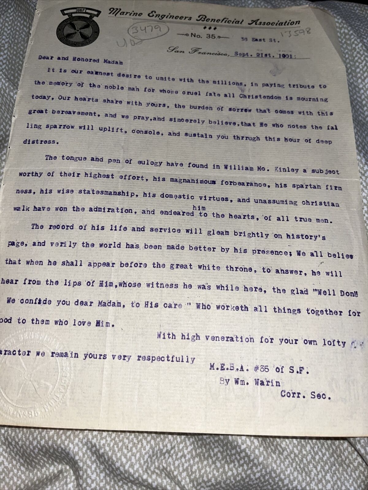 San Francisco Marine Engineers Letter on President McKinley Assassination