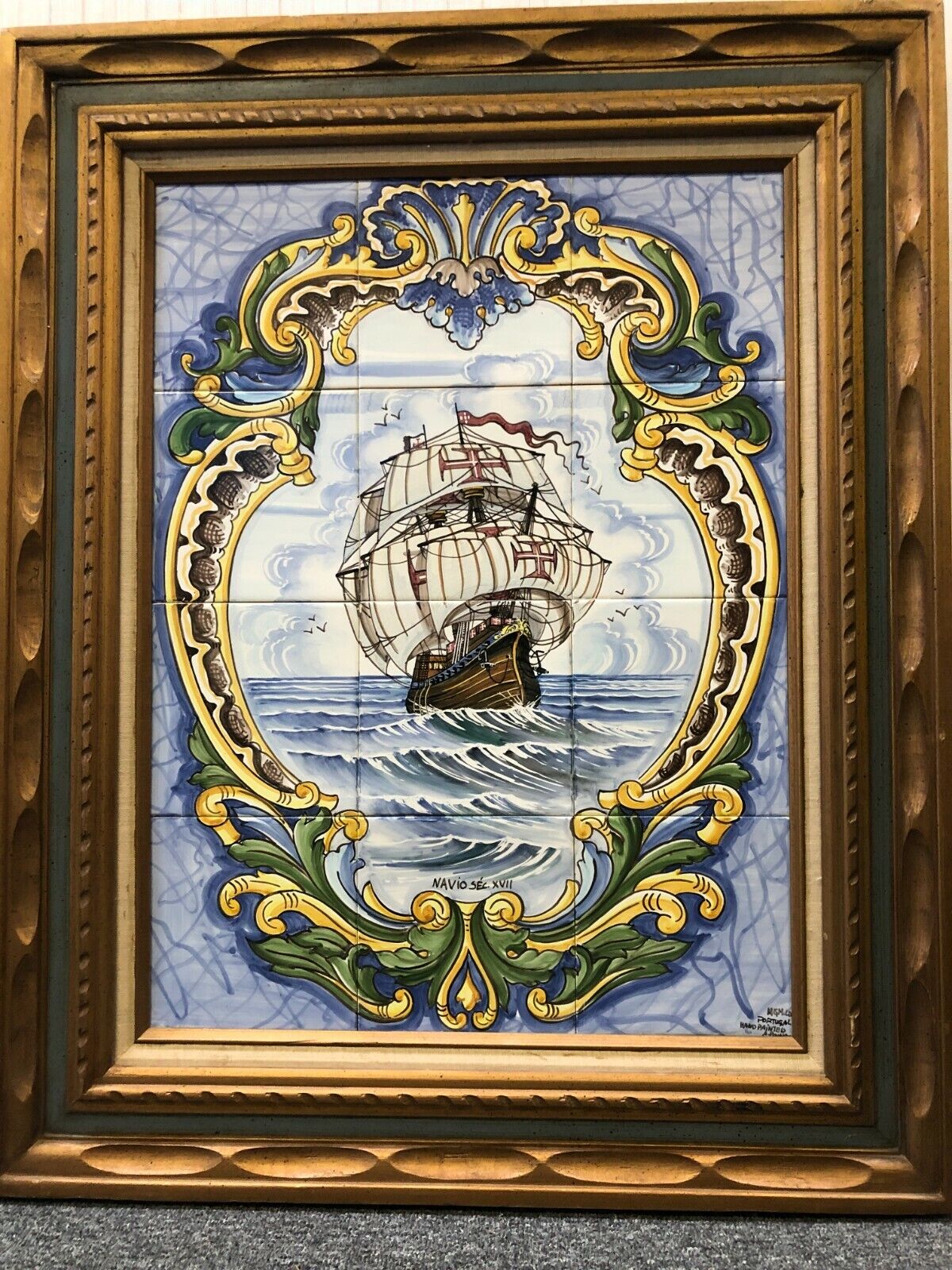 Vintage Portuguese Handmade & Painted Ceramic Tile Sailboat, Signed, Framed